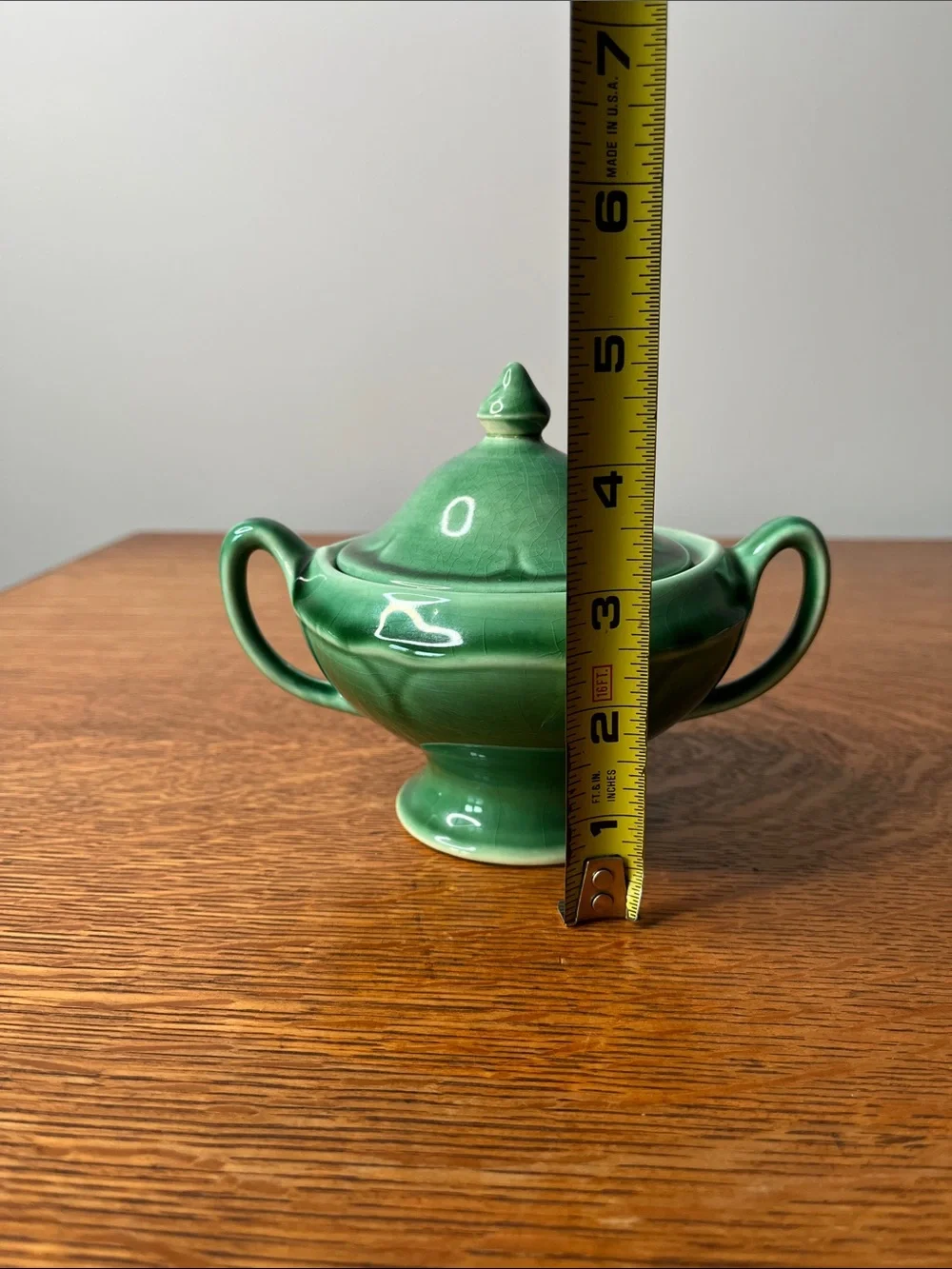 Vintage USA Green Pottery Covered Sugar Bowl. Emerald Glaze  Pedestal Candy Dish